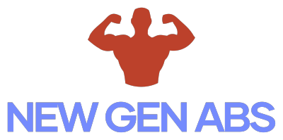 This image displays our primary logo, shown on desktop and on the footer section of our website. Our name "New Gen Abs" is blue. Above that there is a red stick figure, depicting a man showing off his biceps.